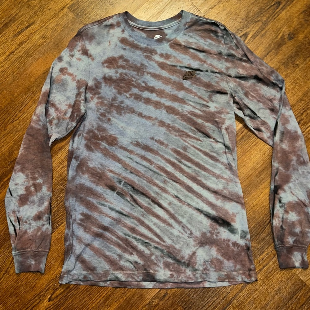 Nike Tee Long Sleeve Gray, Brown Black Stripe Tie-Dye Shirt Black Logo Size L